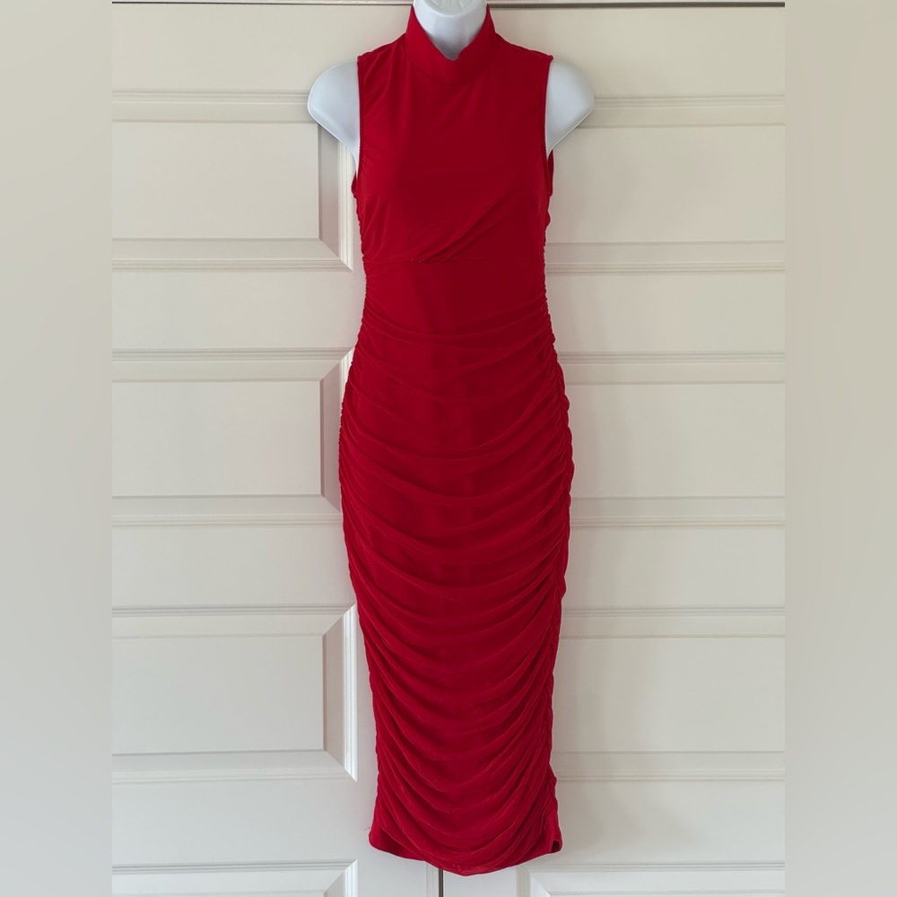 Chic Red Ruched Midi Dress
